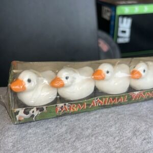 VINTAGE 6 WHITE DUCKS FARM ANIMAL TINNED TEA LITE UNUSED CANDLES